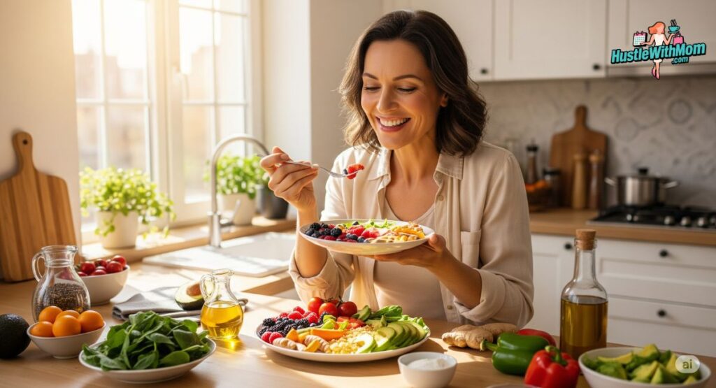 a-woman-enjoys-a-fresh-salad-in-her-kitchen-promoting-anti-inflammatory-foods-for-better-health.