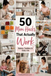 Busy mom using practical parenting hacks with baby and toddler in an organized modern home.