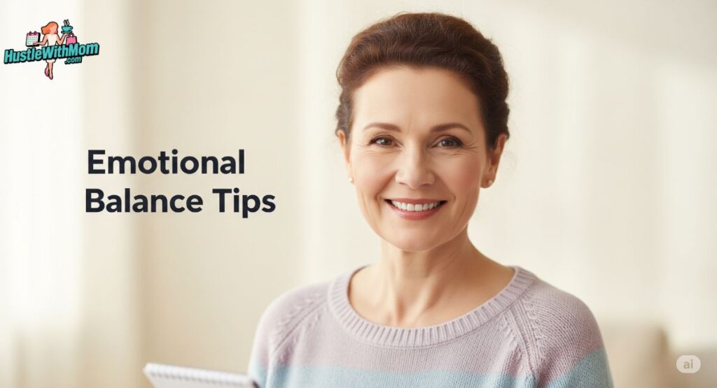 A smiling woman with the text "Emotional Balance Tips" highlighting gentle strategies for emotional well-being