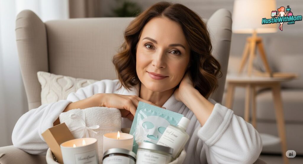 A-woman-sitting-in-a-chair-holding-a-basket-filled-with-self-care-products-pondering-gift-options-for-her-MoM