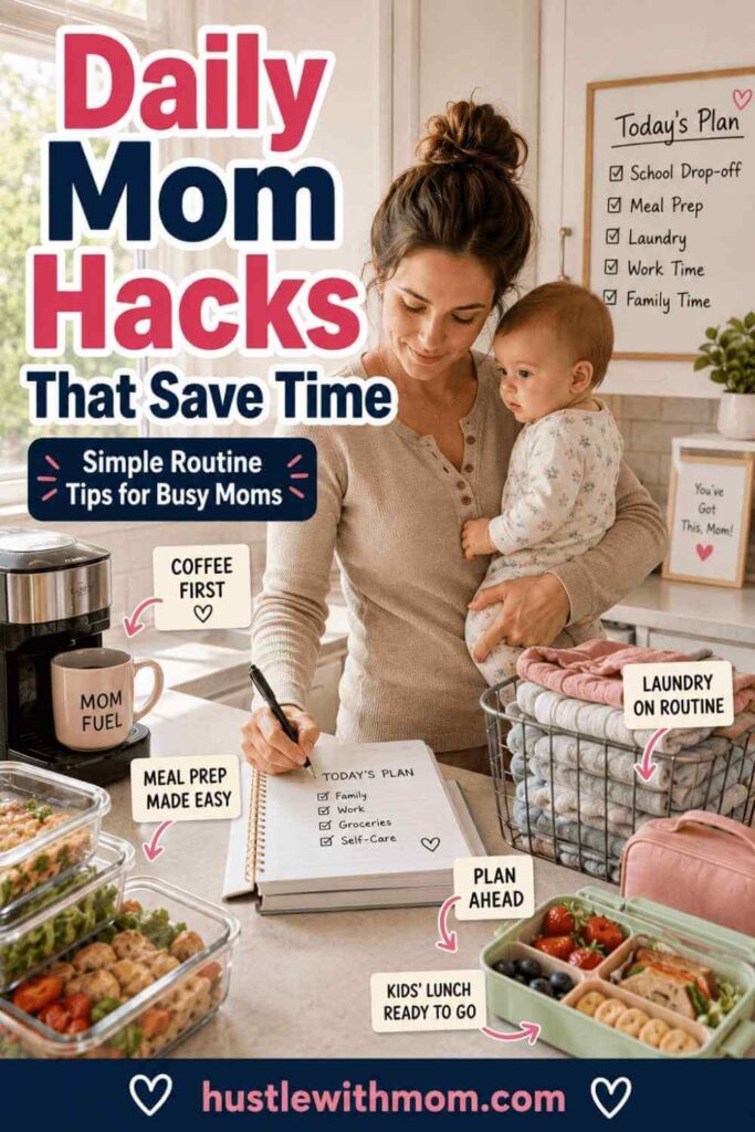 Busy mom using smart daily routine hacks while managing household tasks.