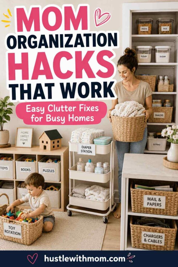 Organized family home with labeled bins and smart storage ideas for moms.