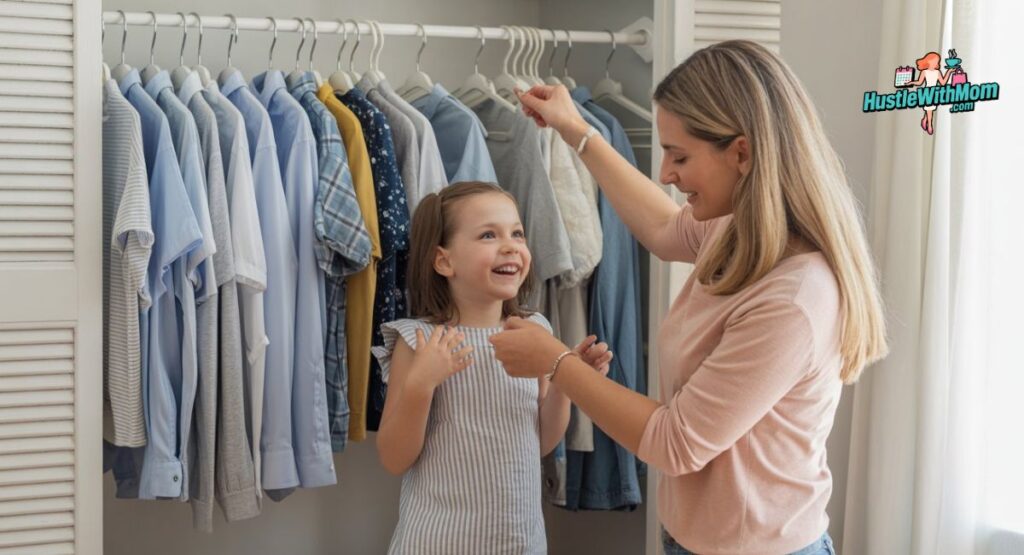 A woman and a young girl explore colorful clothes hanging in a closet, sharing a moment of discovery together.