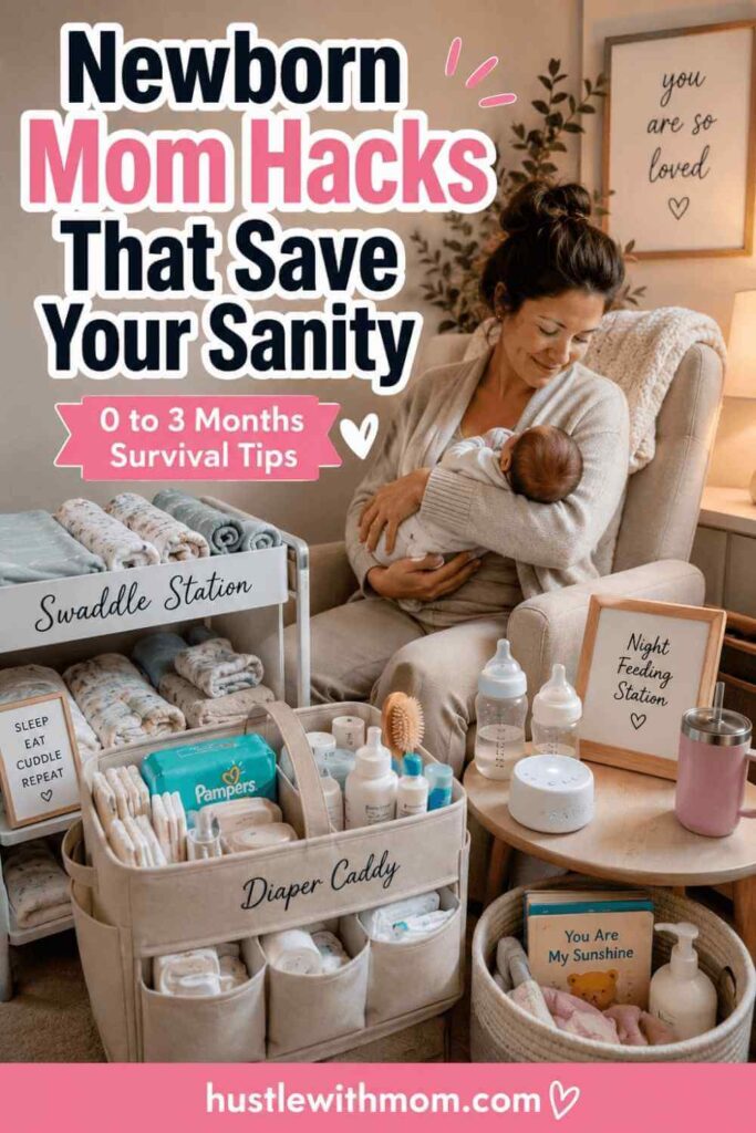 New mom using helpful newborn baby hacks in a cozy nursery during nighttime care.