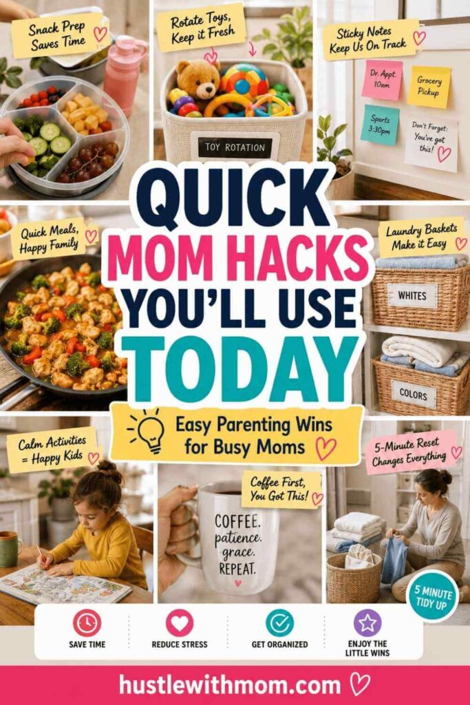 Collection of quick parenting hacks and easy daily solutions for busy moms.