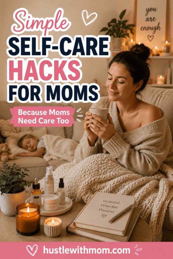 Mom relaxing with tea and self-care essentials during quiet time at home.
