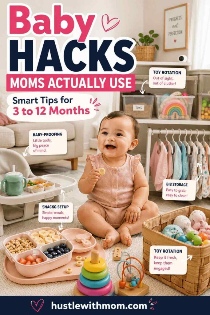 Smiling baby in organized play area with practical parenting hacks and baby essentials.