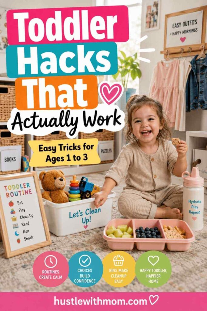 Happy toddler using organized toy storage and easy parenting hacks in a modern home.
