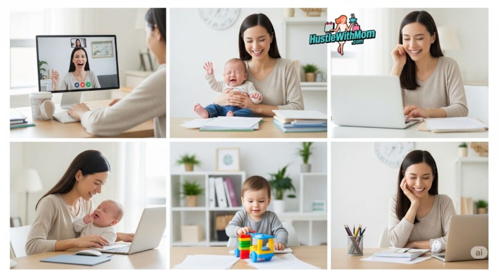 a-collection-of-images-of-a-woman-using-her-laptop-reflecting-the-common-work-from-home-issues-faced-by-moms.