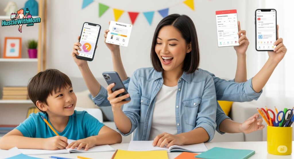 a-mother-and-two-children-sit-together-at-a-table-focused-on-their-phones-learning-about-screen-time-hacks-for-moms
