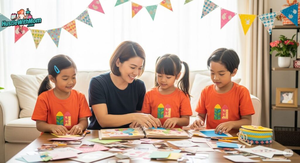 a-woman-and-three-children-sit-at-a-table-engaged-in-creative-activities-with-paper-and-scissors-for-family-bonding