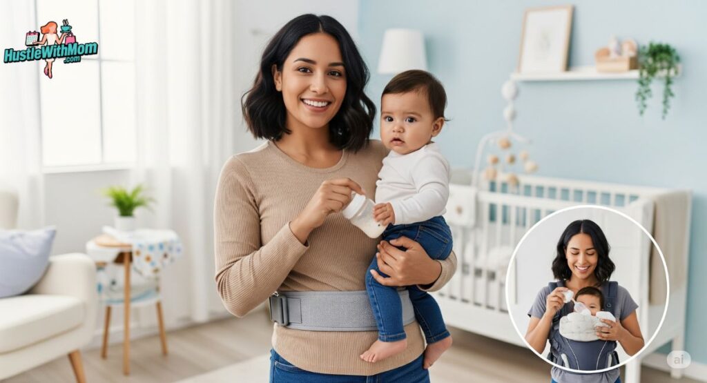 a-woman-carries-a-baby-in-a-carrier-illustrating-time-saving-hacks-for-busy-moms.