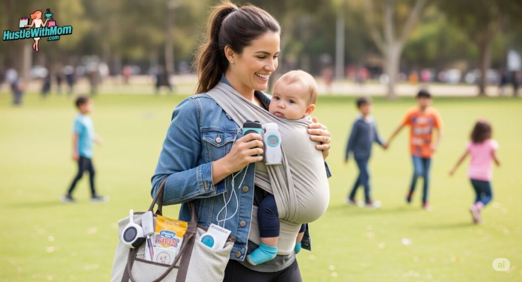 a-woman-carries-a-baby-in-a-sling-while-enjoying-a-sunny-day-in-the-park-showcasing-practical-travel-tips-for-moms