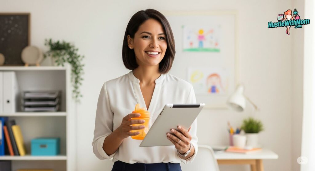 a-woman-expertly-balances-a-tablet-and-orange-juice-illustrating-essential-tips-for-moms-juggling-career-and-family.