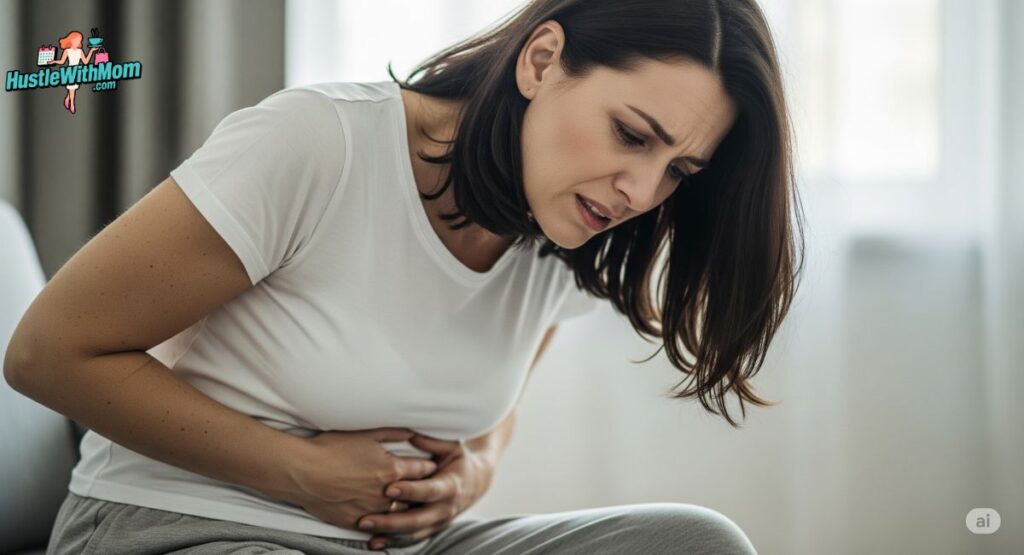 a-woman-holding-her-stomach-visibly-distressed-representing-the-experience-of-stomach-pain-in-women