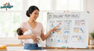 a-woman-holds-a-baby-while-pointing-to-a-whiteboard-listing-25-brilliant-mom-hacks-for-baby-to-simplify-parenting.