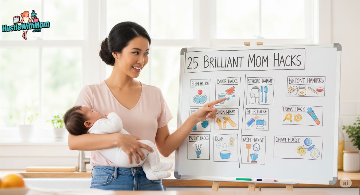 a-woman-holds-a-baby-while-pointing-to-a-whiteboard-listing-25-brilliant-mom-hacks-for-baby-to-simplify-parenting.