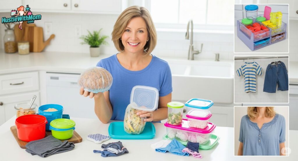 a-woman-holds-a-ball-and-a-container-filled-with-plastic-containers-showcasing-budget-friendly-mom-hacks-for-organization.