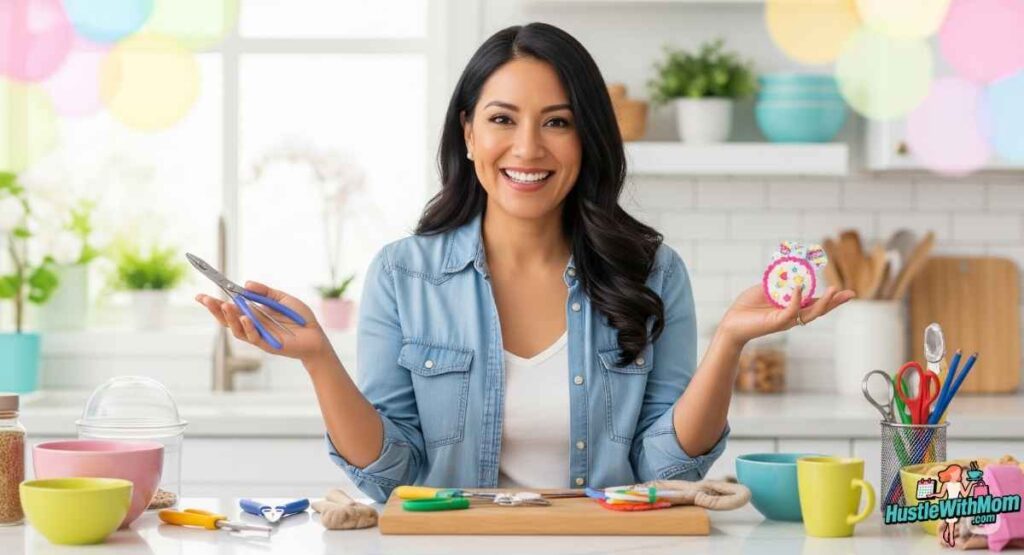 a-woman-holds-a-knife-and-a-cupcake-showcasing-budget-friendly-baking-tips-for-moms-who-want-to-save-money.