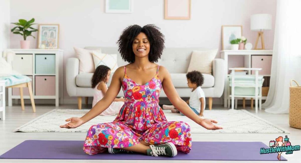 a-woman-in-a-colorful-dress-sits-on-a-yoga-mat-in-a-cozy-living-room-promoting-self-care-and-me-time-for-moms.