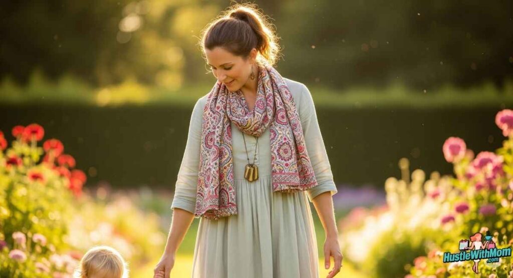 a-woman-in-a-green-dress-and-scarf-walks-with-her-baby-embodying-the-theme-of-lighter-motherhood-mindset-shifts.