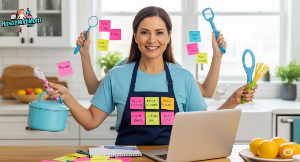a-woman-in-an-apron-showcases-sticky-notes-illustrating-everyday-tips-and-mom-hacks-for-making-life-easier.