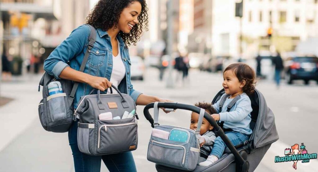 a-woman-pushes-a-stroller-with-her-baby-accompanied-by-a-diaper-bag-showcasing-on-the-go-solutions-for-active-moms.