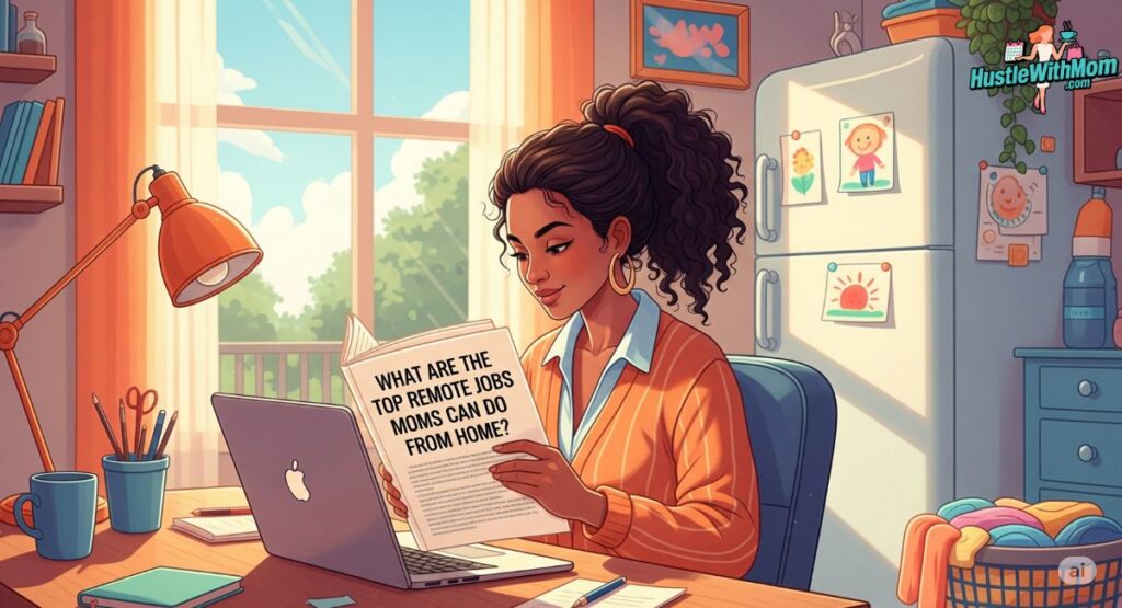 a-woman-sits-at-her-desk-reading-a-newspaper-titled-what-are-the-top-remote-jobs-moms-can-do-from-home.