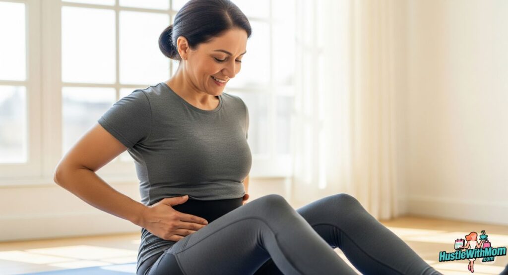 a-woman-sits-on-a-yoga-mat-holding-her-stomach-in-discomfort-focusing-on-pelvic-floor-muscle-exercises.