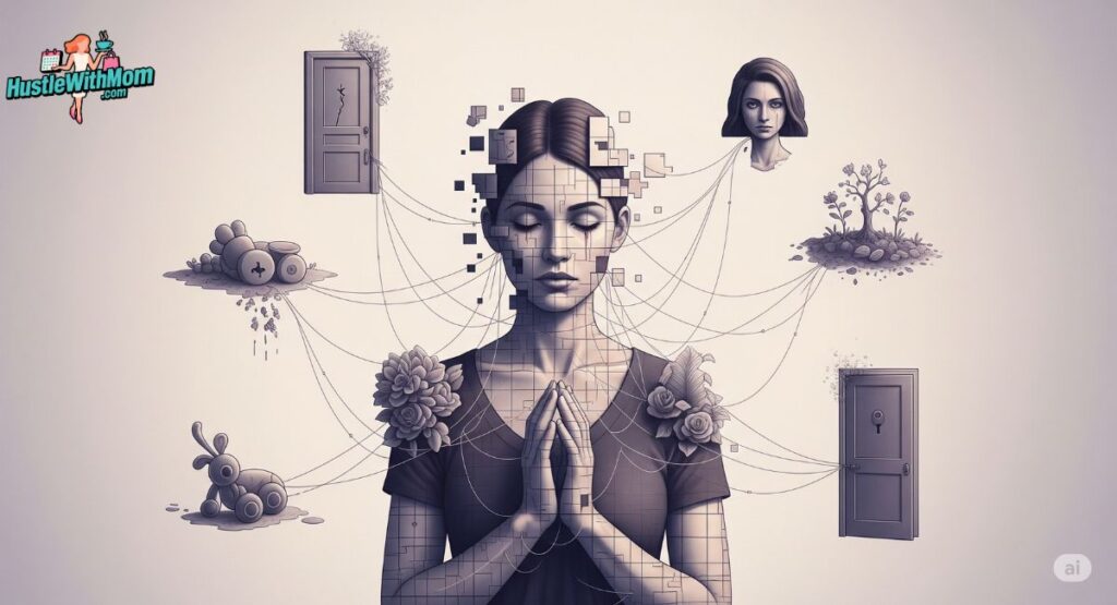 a-woman-surrounded-by-various-images-representing-attachment-styles-linked-to-childhood-wounds