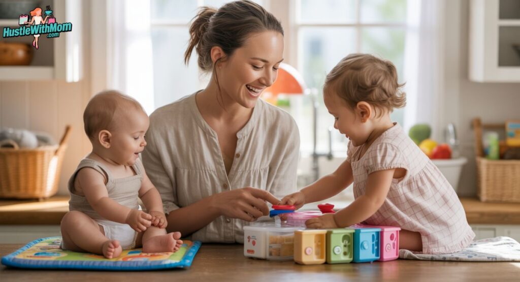 A smiling woman engages with two babies, as they explore and play with various toys together.