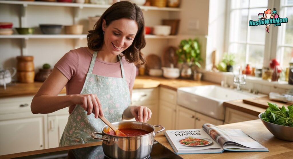 A woman in an apron is busy cooking in a modern kitchen, with pots and fresh ingredients around her.