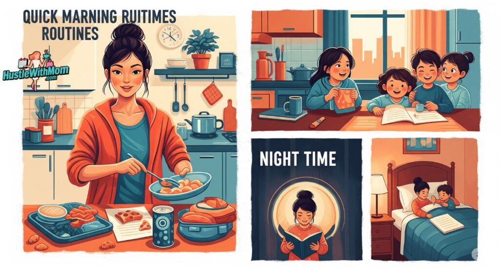 four-images-depicting-women-cooking-in-the-kitchen-showcasing-efficient-morning-and-night-routines-for-mothers
