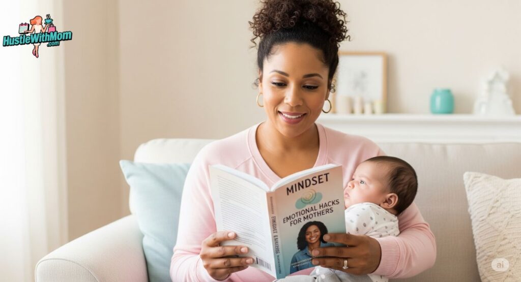A woman enjoys storytime with her baby on the couch, promoting emotional connection through reading together.