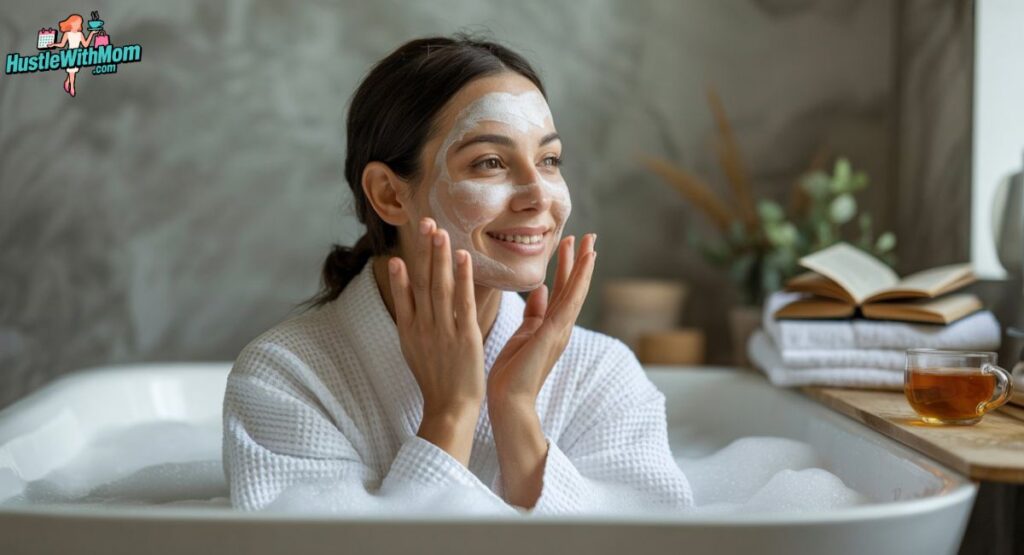 A woman relaxes in a bathtub, wearing a face mask and enjoying a spa-like moment of self-care.