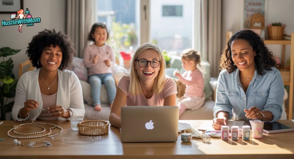 three-women-at-a-table-with-a-laptop-and-a-child-discussing-success-stories-of-moms-thriving-in-stay-at-home-jobs