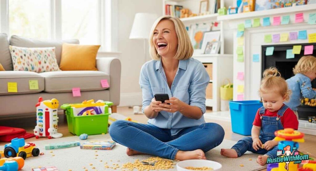 a-cheerful-mom-laughing-while-holding-her-phone-surrounded-by-playful-chaos-toys-spilled-cereal-sticky-notes-from-kids-bright-humorous-and-candid-lifestyle-moment-in-a-real-home-setting.