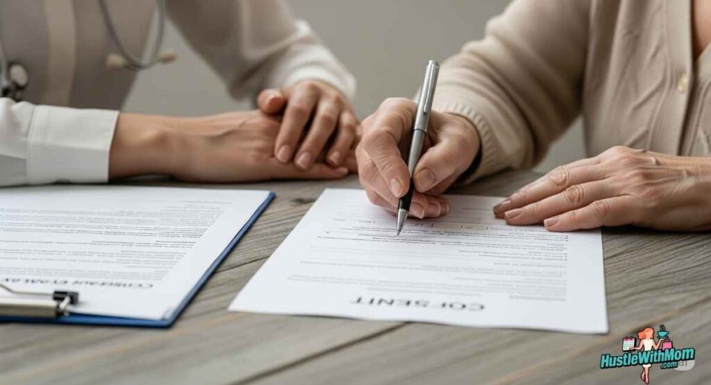 a-doctor-and-patient-review-and-sign-a-document-regarding-legal-insurance-requirements-for-a-mom.