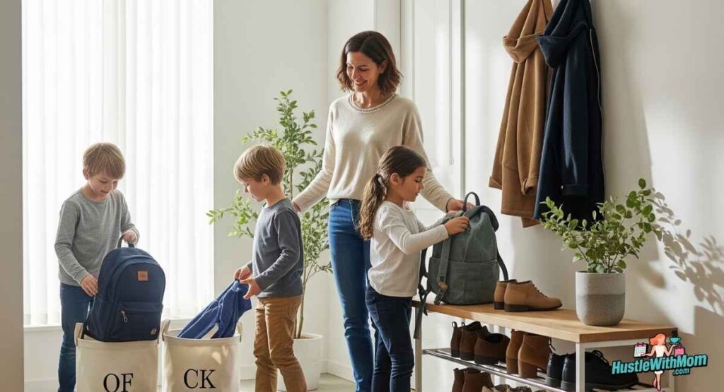 a-woman-and-three-children-stand-in-a-hallway-surrounded-by-organized-items-reflecting-a-peaceful-home-environment.