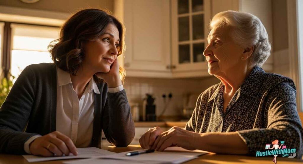 a-woman-converses-with-an-older-woman-at-a-kitchen-table-discussing-life-insurance-options.