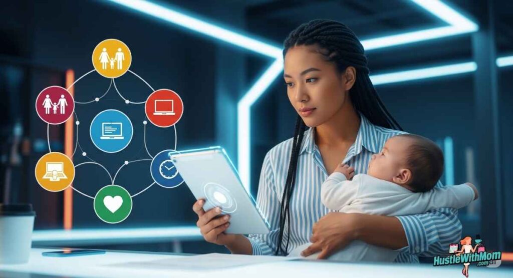 a-woman-holds-a-baby-while-looking-at-a-tablet-displaying-icons-reflecting-on-flexible-jobs-for-moms-in-2025.