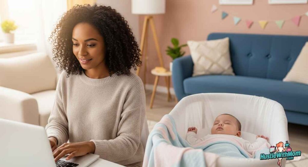 a-woman-multitasks-by-working-on-her-laptop-while-cradling-her-baby-showcasing-flexible-job-options-for-moms-at-home.