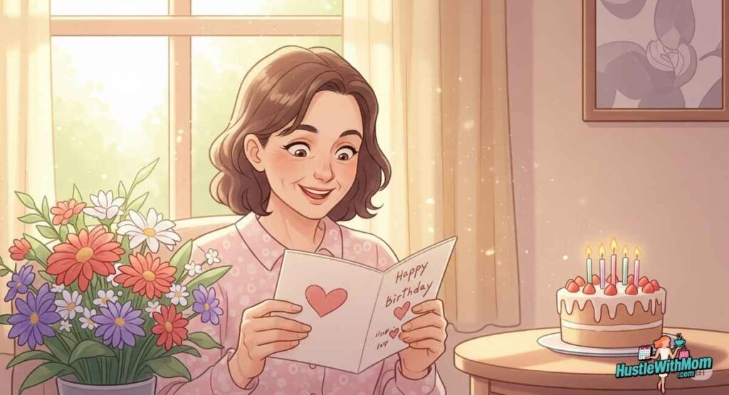 a-woman-reads-a-heartfelt-birthday-card-beside-a-beautifully-decorated-birthday-cake-celebrating-her-special-day.