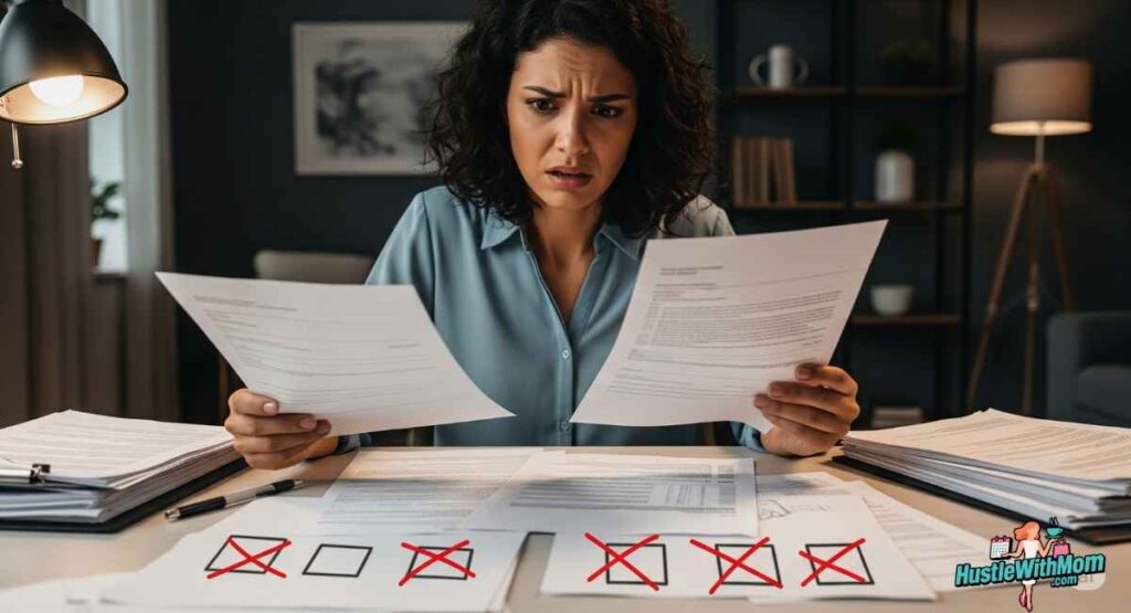 a-woman-reviews-paperwork-with-crossed-out-check-marks-illustrating-steps-for-applying-for-life-insurance-on-a-parent.