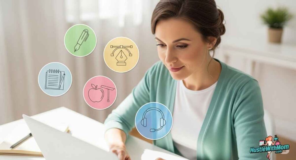 a-woman-using-a-laptop-with-job-icons-exploring-flexible-job-options-for-mothers