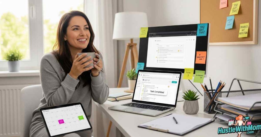 A-mom-celebrating-productivity-and-success-at-home-representing-tips-to-succeed-in-A-Place-for-Mom-Jobs.