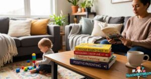 a-parent-reading-the-best-parenting-book-while-their-child-plays-on-the-floor-with-a-stack-of-books-on-the-table