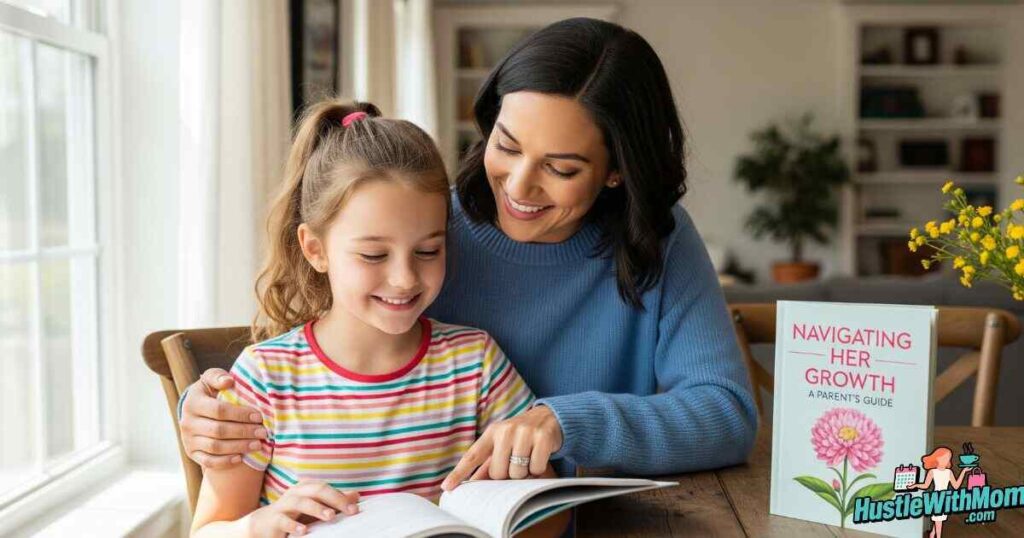 a-young-girl-smiling-with-her-mom-while-a-parenting-book-about-raising-girls-is-placed-nearby