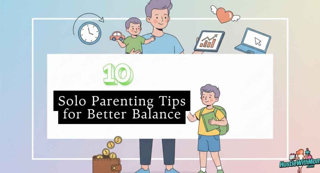 flat-illustration-of-a-solo-parent-with-kids-surrounded-by-icons-of-clock-wallet-laptop-and-heart-representing-practical-tips-for-balancing-work-life-and-children-as-a-solo-parent.