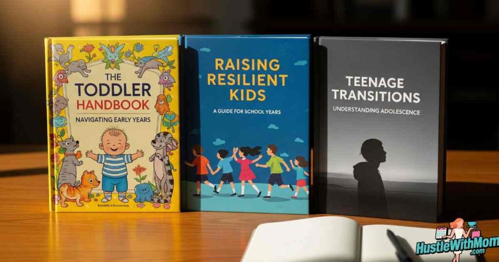 parenting-books-for-toddlers-school-age-children-and-teenagers-placed-together-on-a-desk